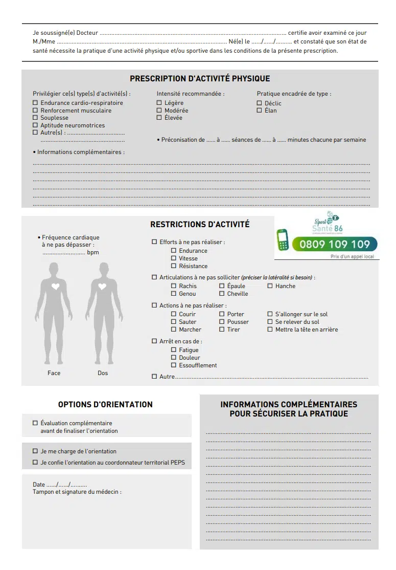 Formulaire de prescription d’activité physique remplissable